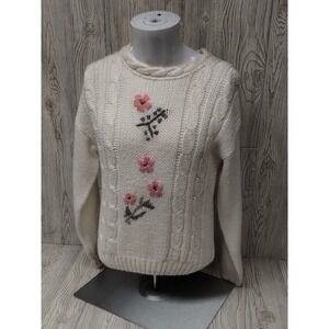 Loose Knit Long Sleeve Sweater Beige With Flowers Womens Medium Pullover Casual